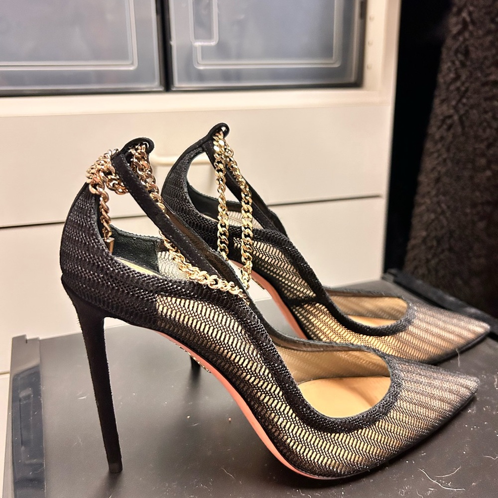 Aquazzura Black Mesh Pointed-Toe Pumps with Gold Chain Strap